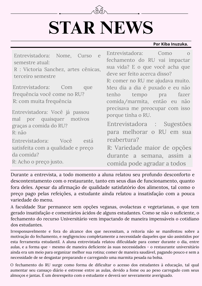 ST4RNWS's tweet photo. Star News, 11 de outubro.

Redigido pelo clube de Jornalismo Literário. https://t.co/GHZVdTD0IQ