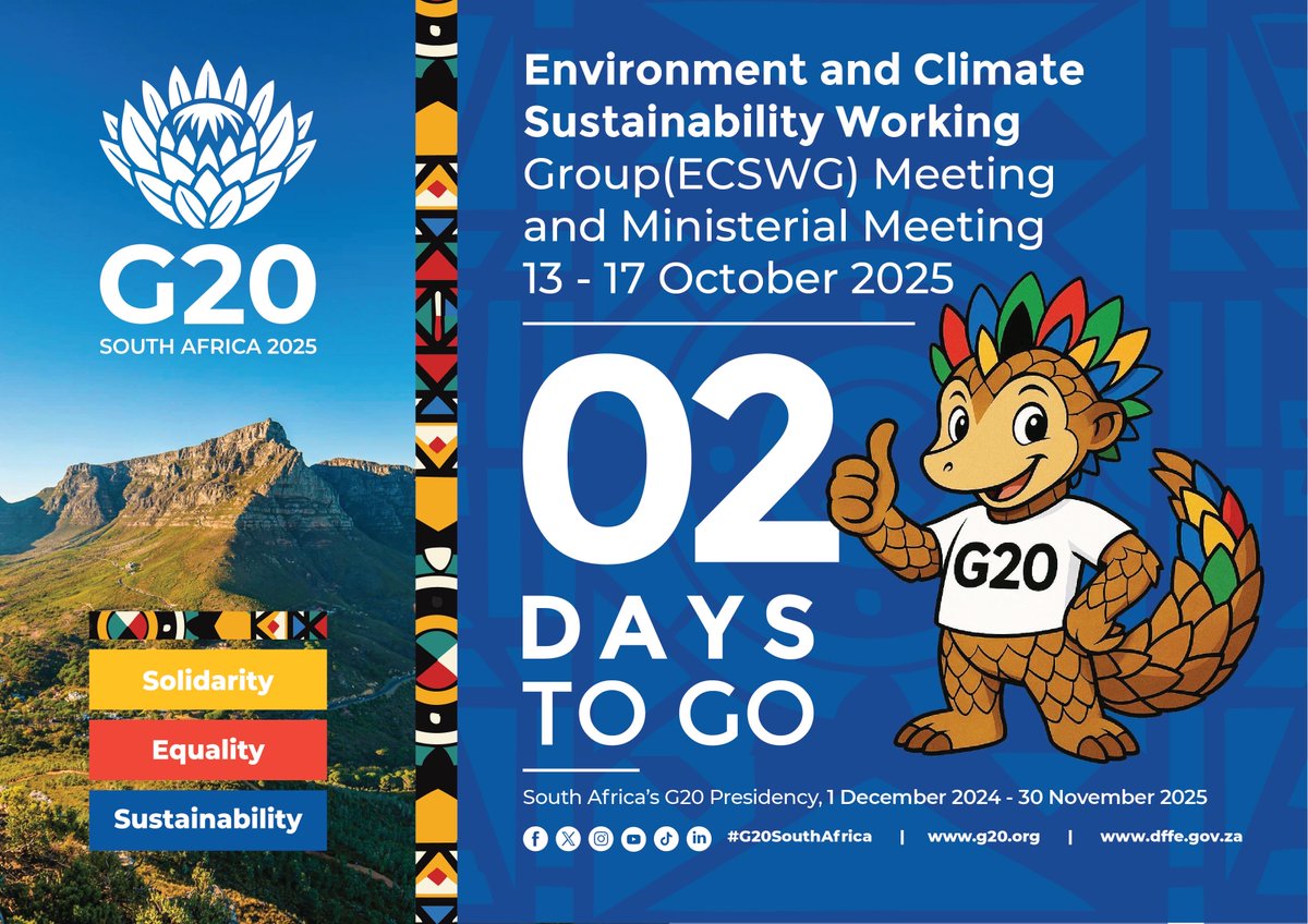 The countdown continues to the 3rd and final G20 Environment and Climate Sustainability Working Group (ECSWG) Technical and Ministerial Meetings set to take place from 13 to 17 October 2025 in Cape Town. 

The Ministerial Meeting is expected to adopt the final G20 ECSWG