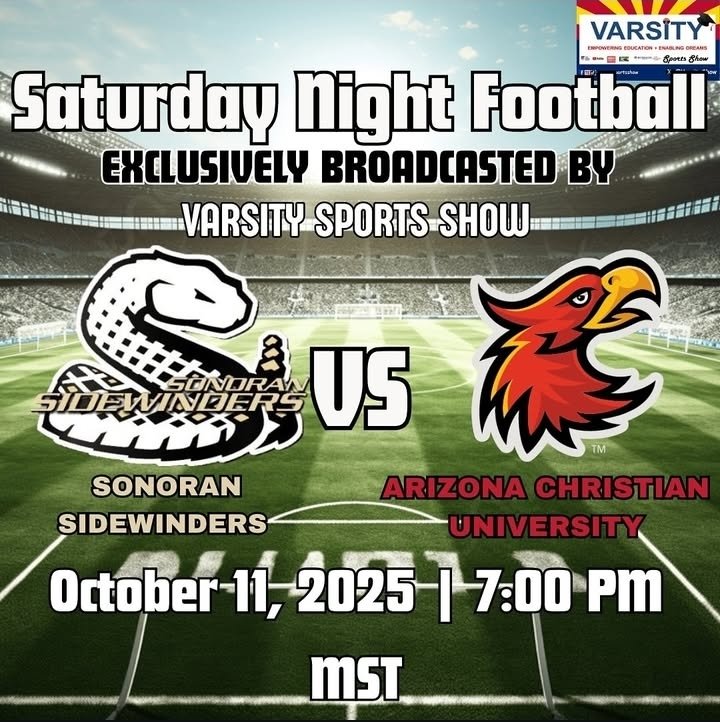 SidewindersFB's tweet image. GAMEDAY 🐍🏈

The Sonoran Sidewinders are on the road tonight to face Arizona Christian University!

📍 ACU Stadium – Glendale, AZ
⏰ 7:00 PM MST
🎥 Watch Live: youtube.com/live/MAxChpLGi…
🎙️ Broadcast: Varsity Sports Show

Let’s ride. #StrikeFast