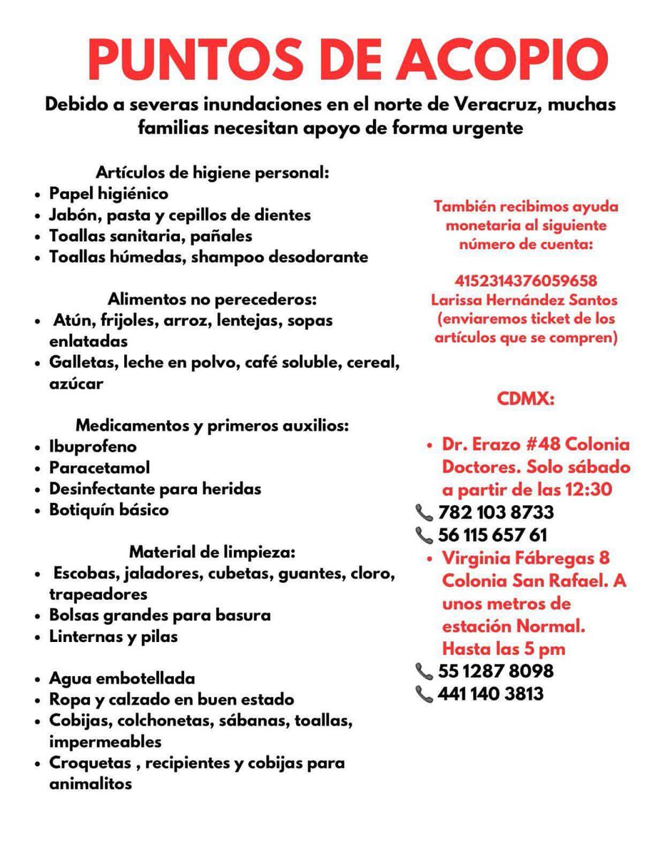 Aqui dejamos dos centros de acopio verificados en CDMX para la tragedia de Veracruz. Me comentan que se están coordinando para abrir más.

Tenemos desaparecixs. Quien tenga la posibilidad de ayudar a Veracruz, aquí puede dejar su ayuda. 
🧵