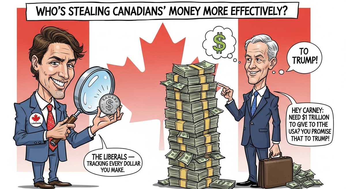 JimmyStark77's tweet image. Who’s stealing Canadians’ money more effectively? The #Liberals — tracking every dollar you make. Hey Carney: need $1 trillion to give to the USA? 
You promise that to Trump!
#Carney the New #Trudeau!

Carney Lies to Canadians!