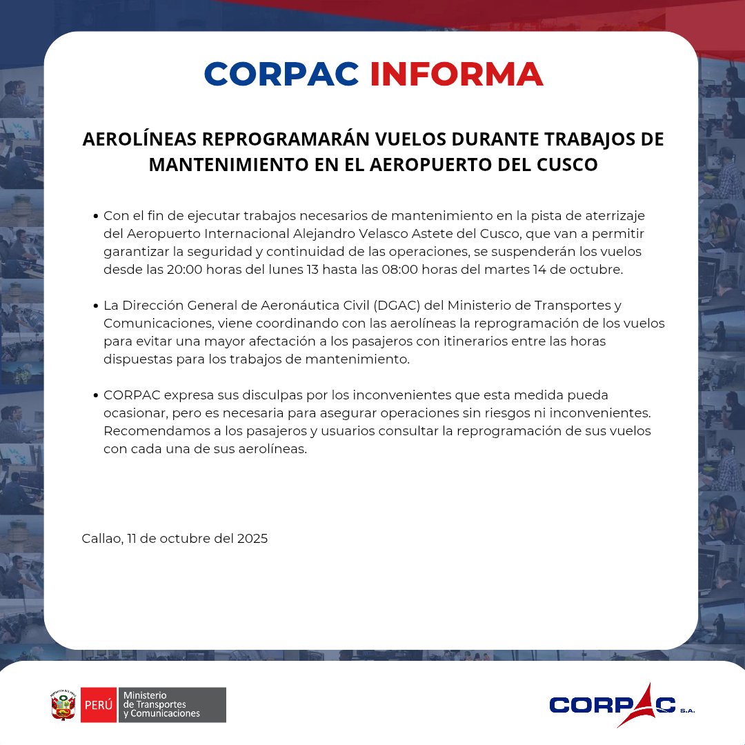 🔴 Comunicado | #AeropuertodeCusco

#CORPAC #Aerolíneas #Vuelos #Cusco #AeropuertoAlejandroVelascoAstete