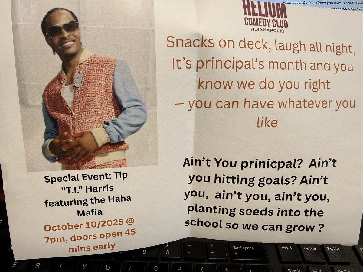 PrincipalBlythe's tweet image. 🎤 #PrincipalAppreciationMonth Surprise!
Huge thanks to Mrs. Thomas & Mrs. Hunnecook for surprising me with tickets to see T.I.—the King of the South—at Helium! 🔥 They know their principal loves a good laugh! Grateful to have such a thoughtful, fun team! 💙💚#GoodVibesOnly
