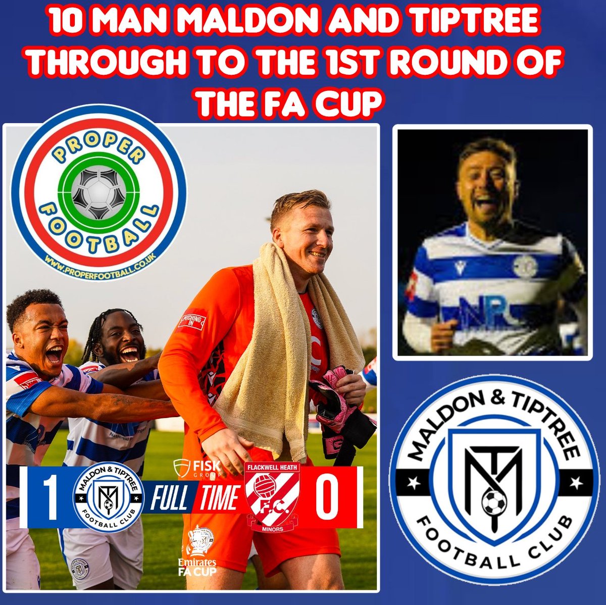 Congratulations to Maldon &amp; Tiptree FC, who are the only remaining side from the extra preliminary round to make it through to the FA Cup 🏆 1st round proper!

The team from Tier 8 who play in the Isthmian League North Division beat fellow Tier 8 side Flackwell Heath FC 1-0 at