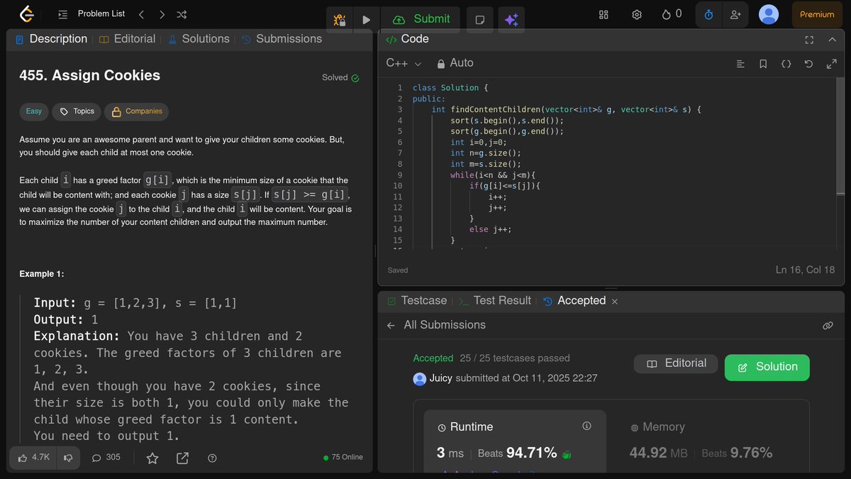 Juicy____1's tweet image. 🔥Day 8 of #100DaysOfDSAwithJuicy_2
GREEDENDRA BAHUBALI RISES! 😅
Started Greedy Algorithms with Assign Cookies 🍪 
Just like younger child gets less pocket money likewise here less greedy child gets smaller cookie.
Another step ahead in DSA! 
#DSA #CodingJourney #100DaysOfCode