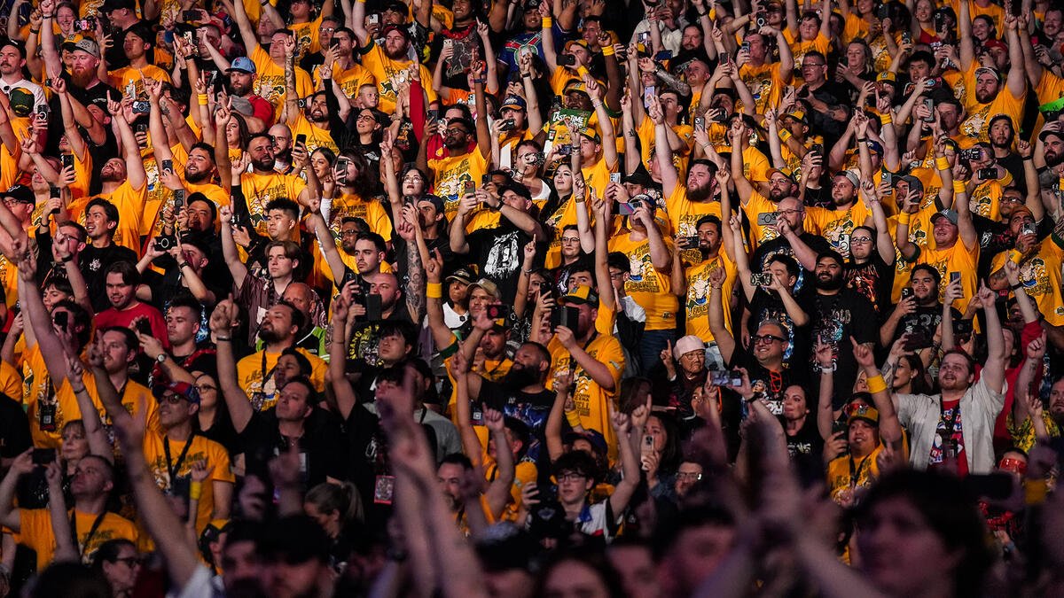 WrestleTalk_TV's tweet image. This sea of yellow John Cena shirts at Crown Jewel 🤯