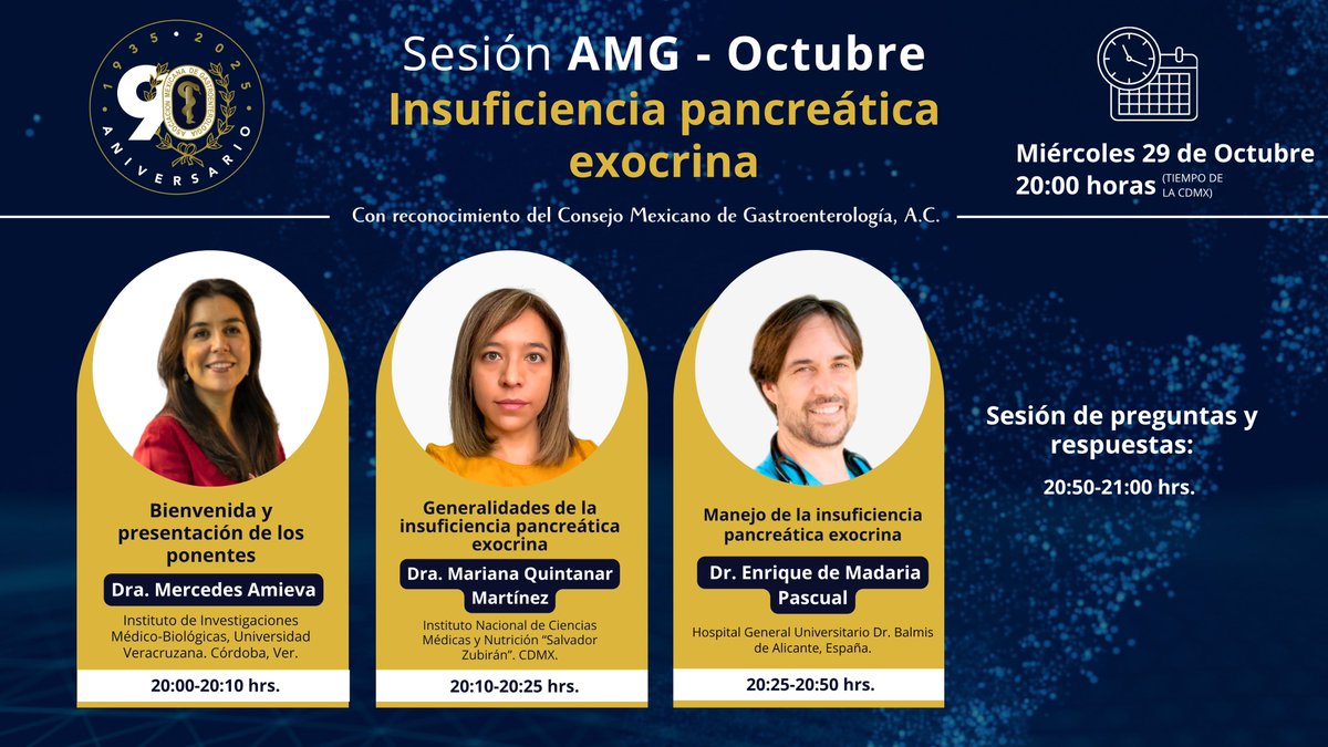 AMG Asoc.Mex.Gastro. (@gastromx) on Twitter photo “Insuficiencia pancreática exocrina”
📅 Miércoles 29 de octubre | 🕗 20:00 h (CDMX)
📍Con aval del Consejo Mexicano de Gastroenterología, A.C.
🟡 Si ya eres socio, ¡ya no necesitas inscribirte como antes! Solo inicia sesión con tu acceso único a la plataforma de la AMG. “Insuficiencia pancreática exocrina”
📅 Miércoles 29 de octubre | 🕗 20:00 h (CDMX)
📍Con aval del Consejo Mexicano de Gastroenterología, A.C.
🟡 Si ya eres socio, ¡ya no necesitas inscribirte como antes! Solo inicia sesión con tu acceso único a la plataforma de la AMG.