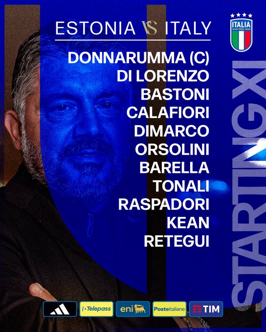 Graphic displays Estonia versus Italy match with Italian flag and blue background. Starting XI lists captain Gianluigi Donnarumma in goal, defenders Giovanni Di Lorenzo, Alessandro Bastoni, Alessandro Calafiori, Federico Dimarco, midfielders Davide Frattesi, Matteo Darmian, Nicolò Barella, Samuele Ricci, forwards Giacomo Raspadori, Moise Kean, Mateo Retegui. Sponsor logos include Adidas, Eni, Poste Italiane, TIM at bottom.