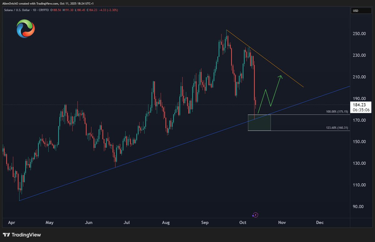 AlienOvichO's tweet image. 🚨 #SOLANA – Last Line of Defense
$SOL has completed a 3-wave corrective pullback, testing the April trendline and reaching the equal legs support zone at $175–$160. This area is acting as a potential launchpad for a bounce through the rest of the month.
💥 Can SOL break into…