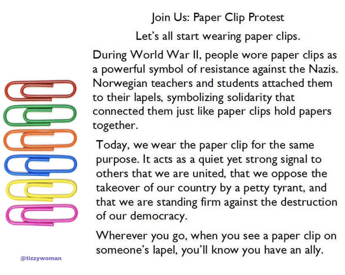 tizzywoman's tweet image. “Comely Reader! I suggest we all start wearing the paper clip. Subtler than a red hat, more powerful as a CONNECTION,” @ejeancarroll wrote, explaining they were also worn during World War II as a sign of resistance against the Nazis.

#PaperCipCampaign
#DemsUnited