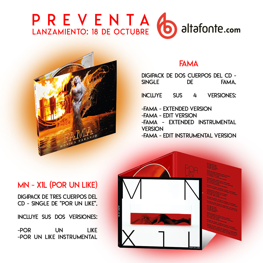 AgendaNaranjo's tweet image. @monicanaranjo 🎶🎙️ nos sorprende con la publicación de los singles físicos 📀 de #FAMA 🧡 y #PorUnLike #X1L 🖤
Preventa ya disponible en la web de @altafonte_spain ❤️

Lanzamiento 18 de de octubre ✨

shop.altafonte.com