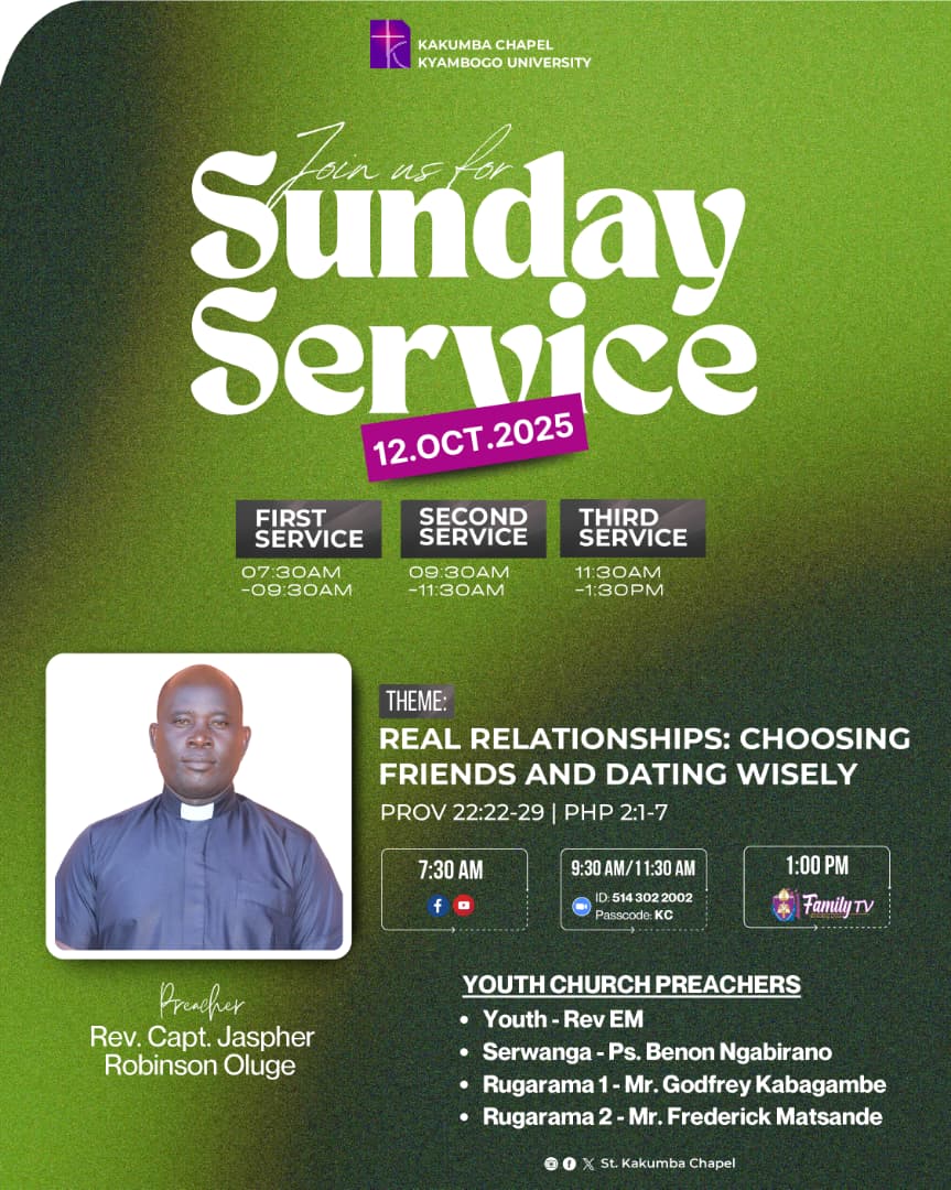 Kakumbachapel2's tweet photo. Join us tomorrow at Kakumba Chapel
Theme: Real Relationships Choosing Friends & Dating Wisely Prov 22:22–29, Php 2:1–7
⏰ 1st: 7:30–9:30am | 2nd: 9:30–11:30am | 3rd: 11:30am–1:30pm
Preacher: Rev. Capt. Jaspher Robinson Oluge
#KakumbaChapel #SundayService #RealRelationships https://t.co/amSbHJaGpP