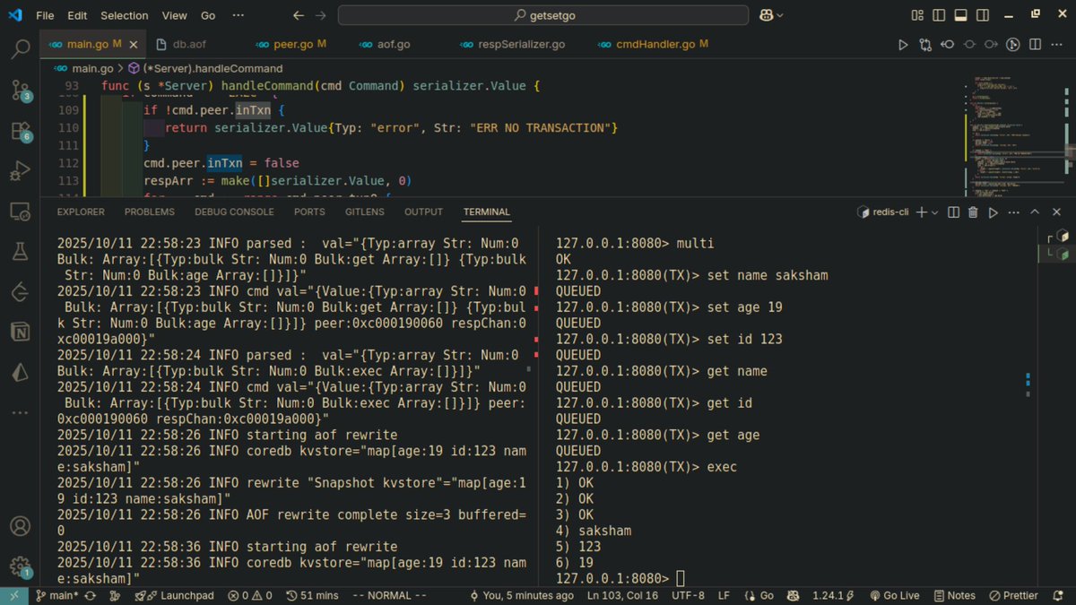 skshmgpt's tweet image. Transactions work now :)
During MULTI, all commands for a particular client are put in a queue, and on EXEC, they are executed one by one. this doesn't have atomicity, so, if txn fails midway, there is no cancellation mechanism for now. have to look into how to invalidate txns.