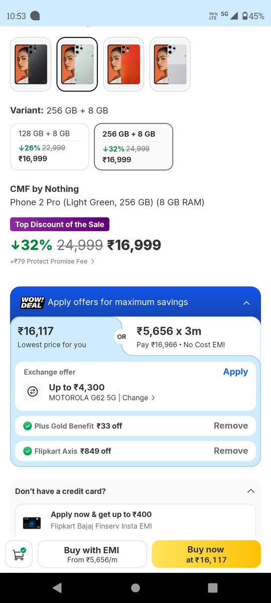 Deepankark4's tweet image. Hey @Flipkart, I noticed a price discrepancy while ordering the CMF Phone 2 Pro.
It showed ₹16,117 while adding to the cart, but during checkout, the price increased to ₹17,045.

Pls look into — it’s misleading &amp;amp; affects the purchase decision.
#Flipkart #PriceIssue
)