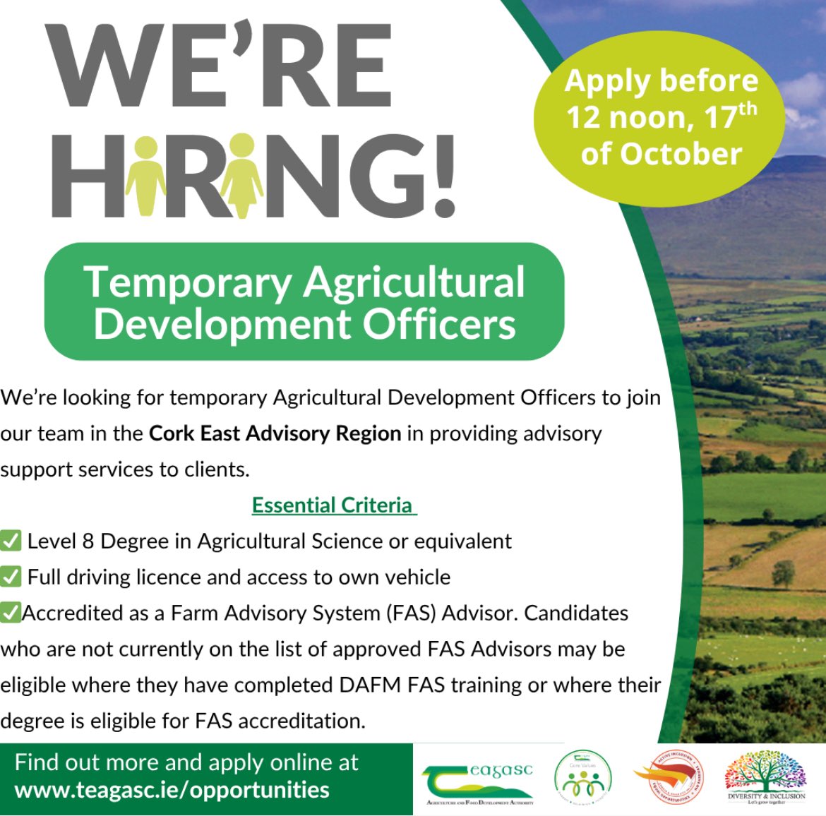 Teagasc Cork East are hiring! Go to teagasc.ie/opportunities for more details on how to apply