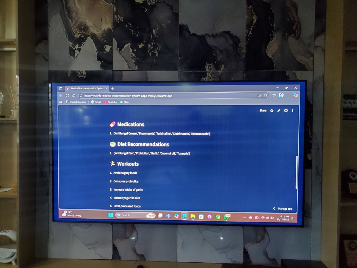 Airways_geek's tweet image. Been working on this Medical Recommendation System for a while now, and it’s finally live! 🚀

You enter your symptoms, and the system predicts the possible disease  then gives you recommended medications, diets, workouts, and precautions to take. 🩺💊