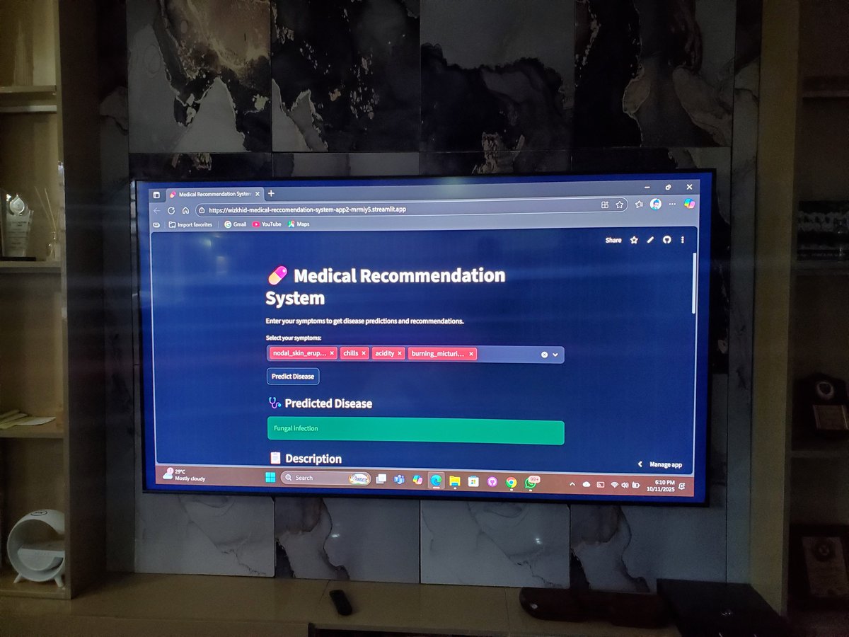 Airways_geek's tweet image. Been working on this Medical Recommendation System for a while now, and it’s finally live! 🚀

You enter your symptoms, and the system predicts the possible disease  then gives you recommended medications, diets, workouts, and precautions to take. 🩺💊