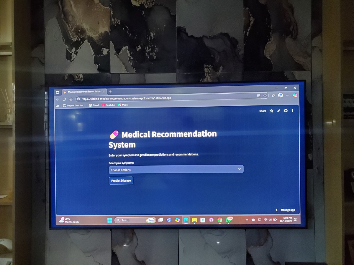 Airways_geek's tweet image. Been working on this Medical Recommendation System for a while now, and it’s finally live! 🚀

You enter your symptoms, and the system predicts the possible disease  then gives you recommended medications, diets, workouts, and precautions to take. 🩺💊
