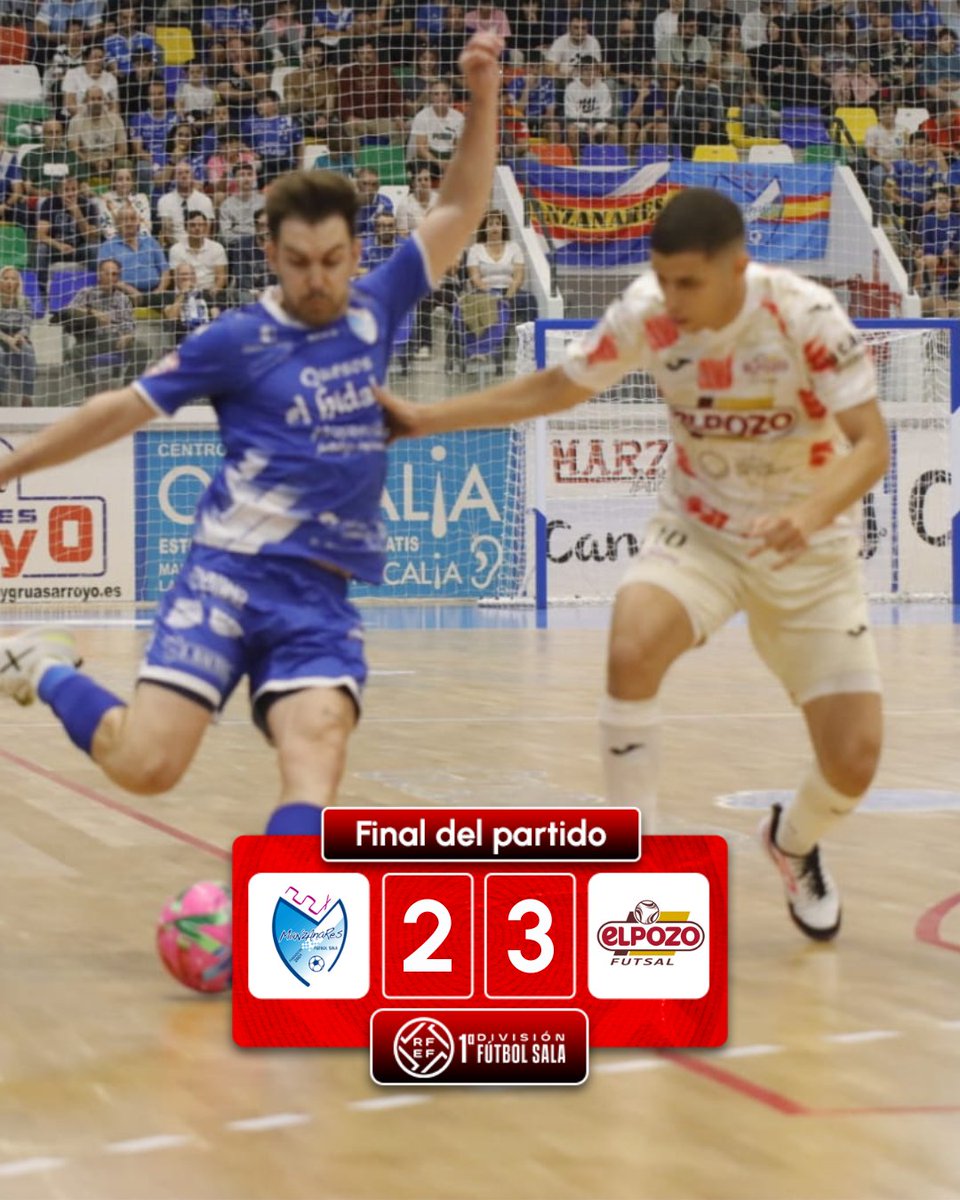 FutSalRFEF's tweet photo. 𝗝𝗼𝗿𝗻𝗮𝗱𝗮 𝟲 #PrimeraDivisiónFS | ¡Final del partido!

🔚 @ManzanaresFS 2-3 @ElPozoMurcia_FS 

⚽ 0-1 Rafa Santos.
⚽ 0-2 Dener.
⚽ 1-2 Daniel Gabriel.
⚽ 1-3 Álex García.
⚽ 2-3 Humberto.

#ManzanaresPozo | #PrimeraDivisiónFS https://t.co/b6uFmTsX4V
