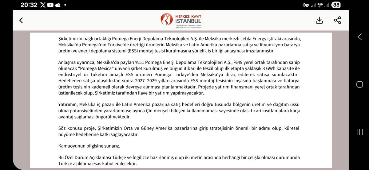#KONTR 
📢Pomega ve Meksikalı Jebla Grubu, Meksika’da 400 mio USD lik batarya fabrikası yatırımı için sözleşme imzaladı.
🎈Proje, pil depolama montajı ve hücre üretim tesisi kurulmasını kapsıyor.
🎈İlk etap 3 GWh kap. sistemlerle endüstriyel öz tüketim için başlayacak.