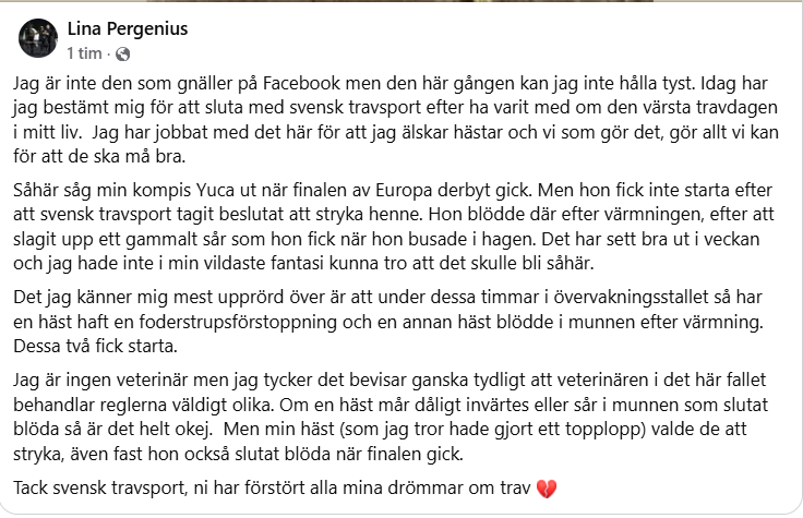 ...och så här har Lina Pergenius skrivit på Facebook.