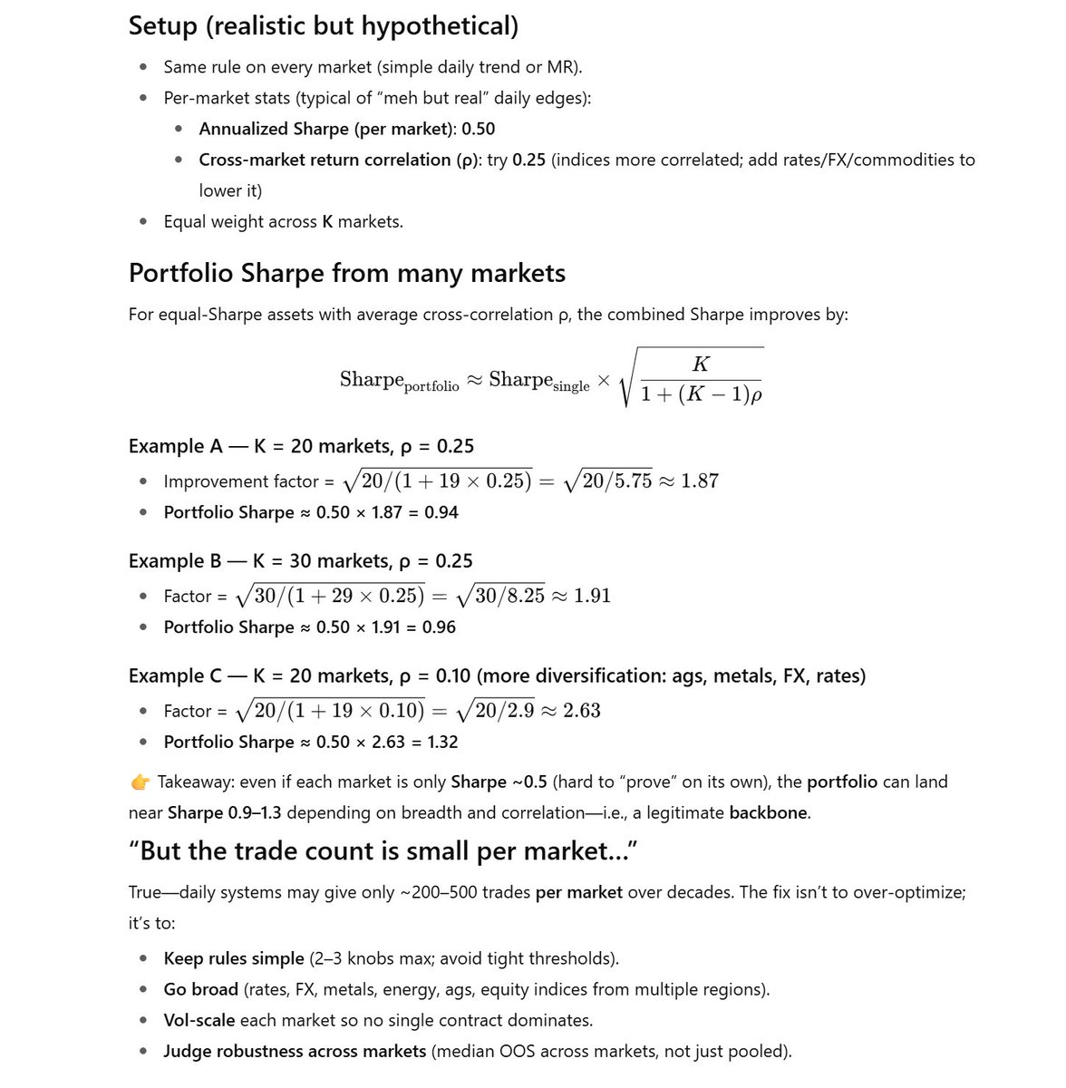 MarginCall4's tweet image. How to build a robust daily timeframe algo portfolio? By going broad. One algo on one market produces small number of samples so the edge is unknown and optimization not possible. Run one algo across 20+ least correlated markets. This is the secret sauce for trend following CTAs.