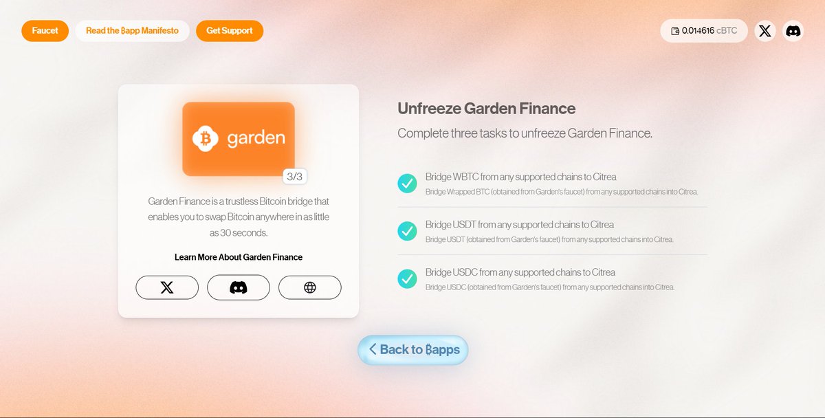PhilipsAdeseun's tweet photo. 1/5 Day 5 of talking about @citrea_xyz
CM Bitcoin bridgers, We are taking a look at Garden Finance today, the ultimate DEX + bridge ₿app from @citrea_xyz testnet.
If you're tired of clunky cross-chain swaps, this is your BTC ZK glow-up. @rollie1212 #GardenFinance https://t.co/CdO2r0qebp