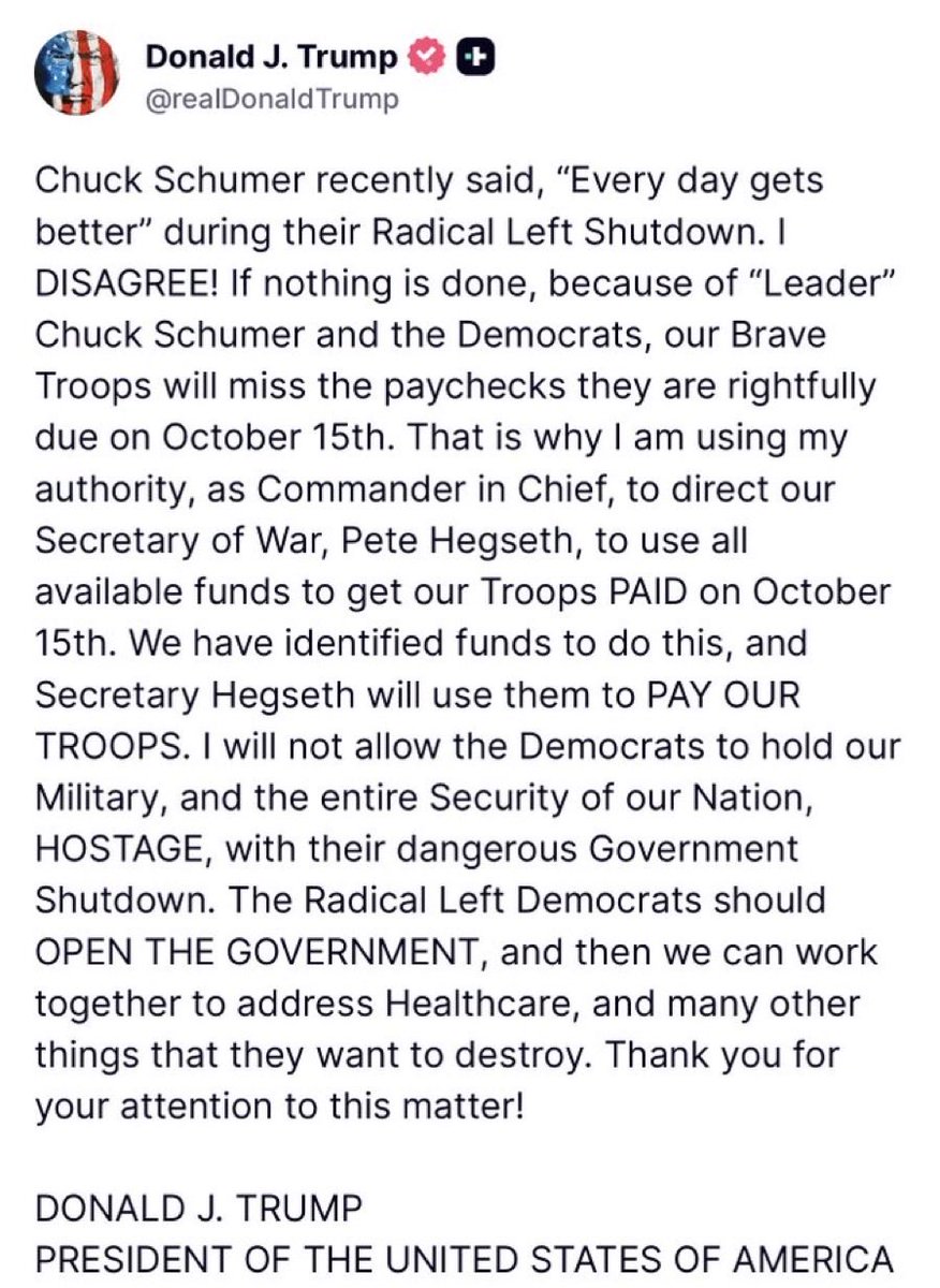 TRUTH SOCIAL🚨: President Trump jus announced he is making sure our Military gets paid on the 15th