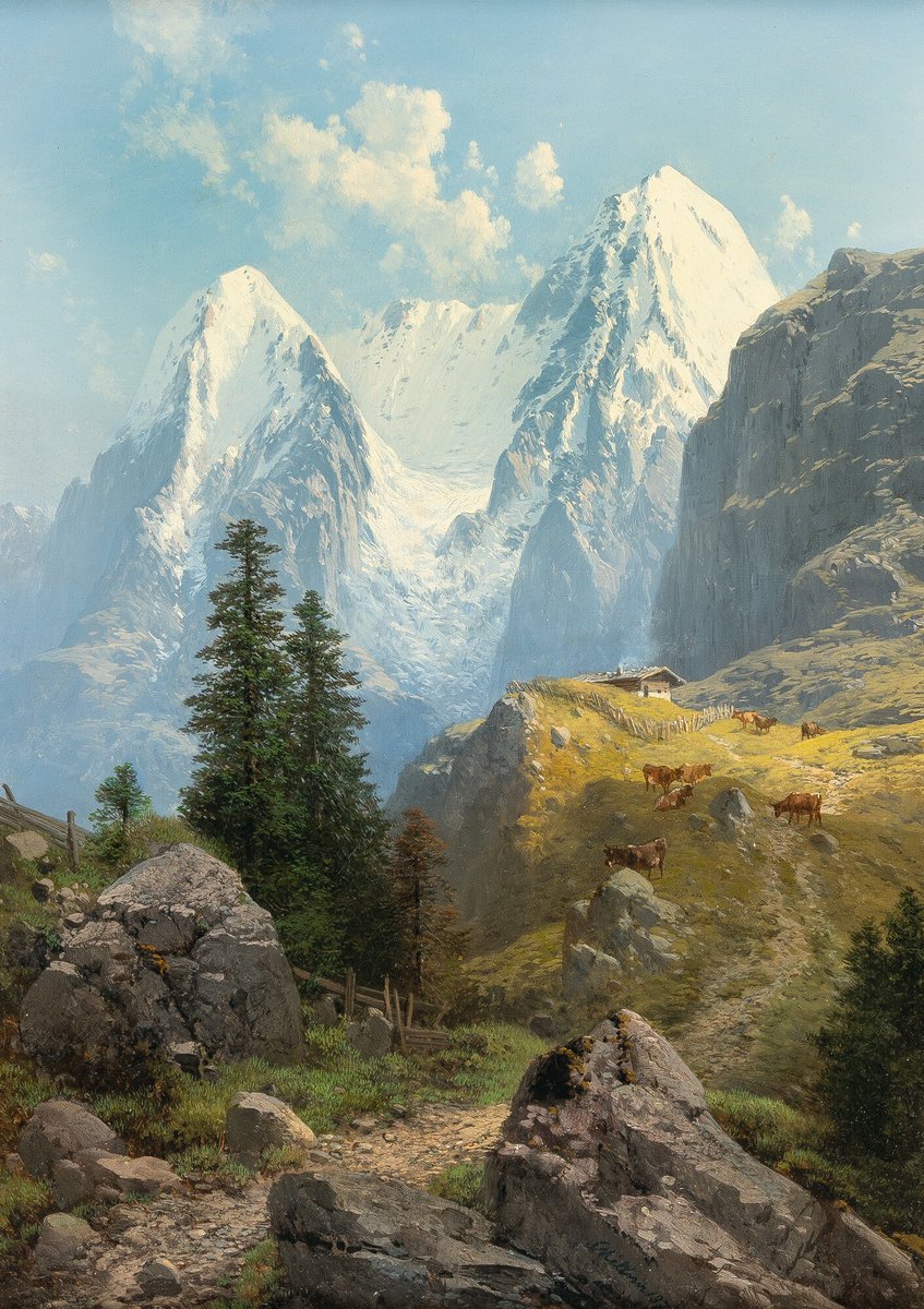 SeekAfterBeauty's tweet image. Silberhorn and Eiger Mountains (1876), by Carl Millner
