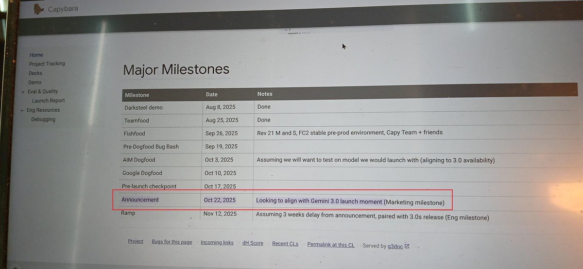 chatgpt21's tweet image. LMAO some Cheeto eating intern leaked the Gemini 3 release date 😭