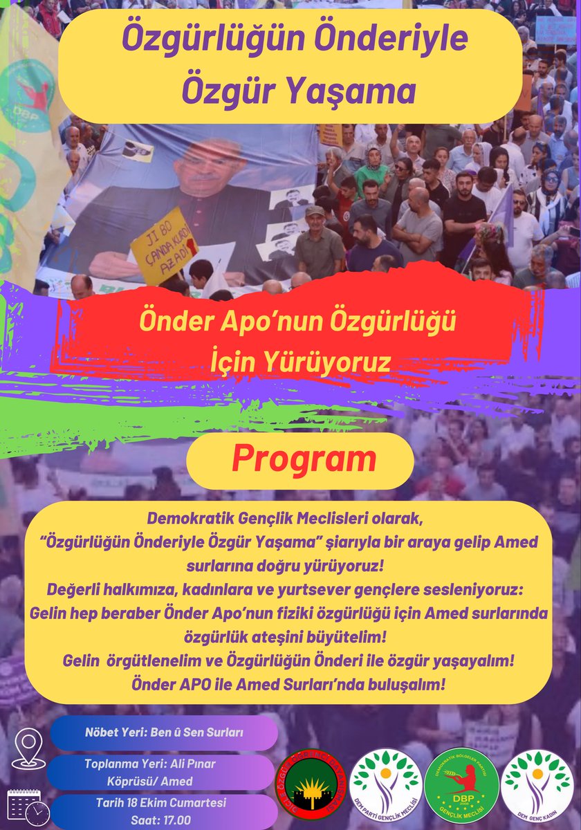 Değerli halkımız, kadınlarave yurtsever gençler:

Gelin hep beraber Önder Apo’nun fiziki özgürlüğü için Amed surlarında özgürlük ateşini büyütelim!

Gelin örgütlenelim ve Özgürlüğün Önderi ile özgür yaşayalım!