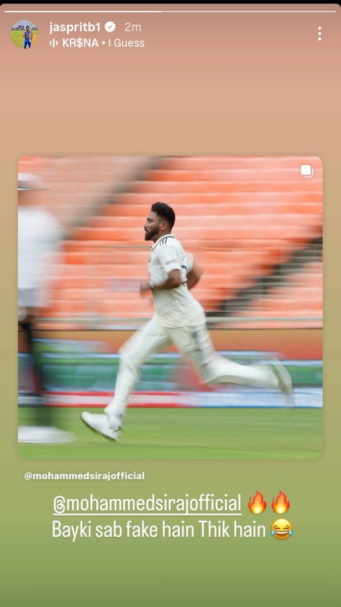 NainaDev380254's tweet image. Ayeeee #JaspritBumrah story for Mohammad Siraj Official 🤣 

This is so cute 😍 

#MohammadSiraj 
#INDvsWI