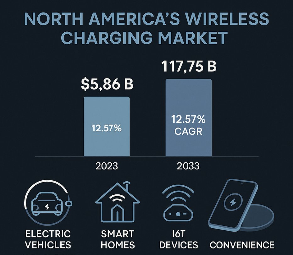 North America's wireless charging market: $5.86B today → $17.75B by 2033 📈

12.57% CAGR driven by EVs, smart devices, and everyone being done with cables.

Perfect timing for Qi2 25W. The infrastructure our 300+ WPC members built is exactly what this growth needs.

Wireless