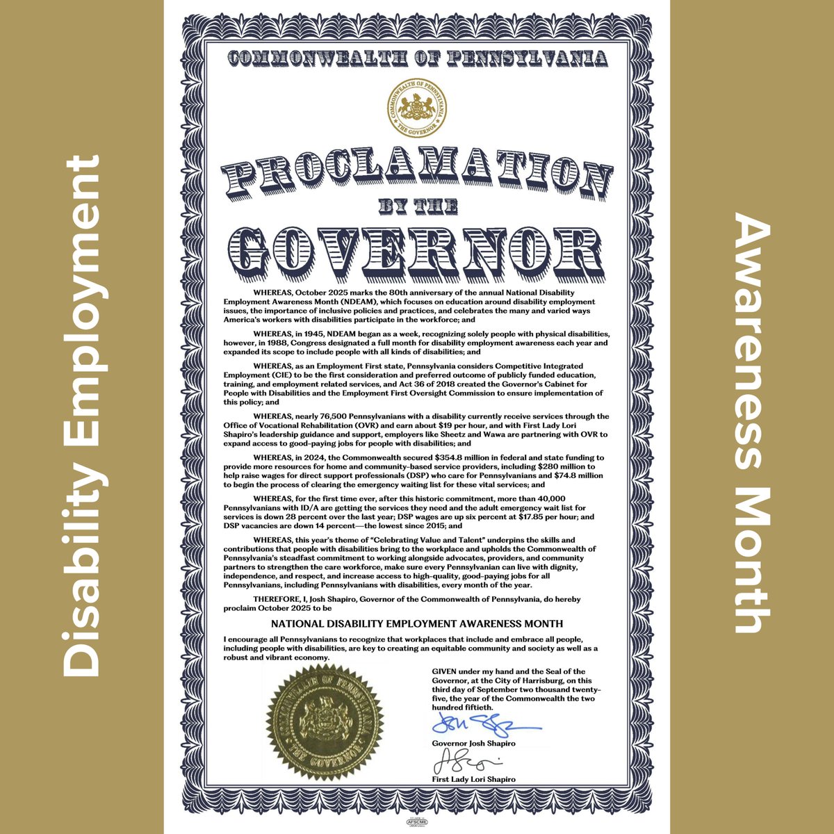 October National #Disability #Employment Awareness Month, is a celebration of the many changes that have been made to create a more #inclusive environment for individuals with disabilities who want to work. Thank you to PA Governor Josh Shapiro for this proclamation!