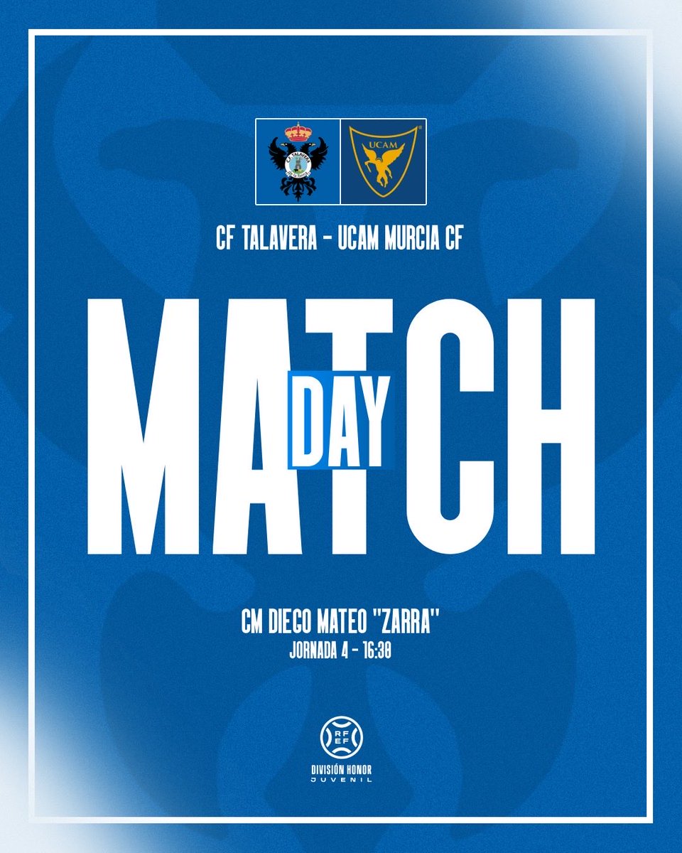 Cantera CF Talavera de la Reina (@canteracft) on Twitter photo 𝗠𝗔𝗧𝗖𝗛𝗗𝗔𝗬  |
📌 Jornada 4
🆚 <a href="/ucamcf_academy/">UCAM Murcia CF Academy</a>  
🗓️ 04 de octubre  
⌚️ 16:30 h  
🏟️ CM Diego Mateo “Zarra”
#CanteraTala 💙🤍 𝗠𝗔𝗧𝗖𝗛𝗗𝗔𝗬  |
📌 Jornada 4
🆚 <a href="/ucamcf_academy/">UCAM Murcia CF Academy</a>  
🗓️ 04 de octubre  
⌚️ 16:30 h  
🏟️ CM Diego Mateo “Zarra”
#CanteraTala 💙🤍