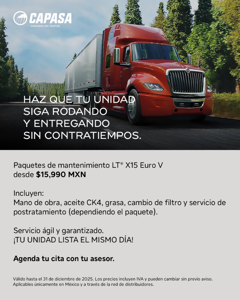CAPASAmx's tweet image. Un motor cuidado rinde más 🚛💨

Con los paquetes de mantenimiento #LT X15 #EUROV aseguras servicio integral con aceite CK4, grasa, filtros y postratamiento. Tu unidad lista el mismo día para seguir avanzando sin detener tu operación.

📲 Agenda en #CAPASA.