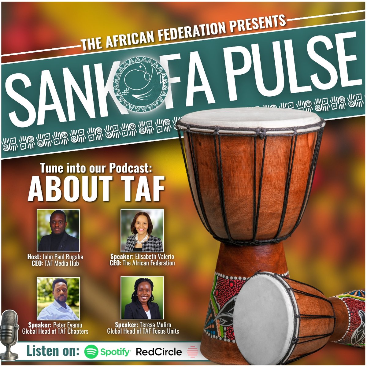 tafchapters's tweet photo. In the first episode of #SankofaPulse, we explore why TAF exists, what we stand for &amp; how we will lead Africa's restoration. With Elisabeth Valerio (CEO), Peter Eyamu (Global Head of Chapters) &amp; Teresa Muliro (Global Head of Focus Units), tune in: https://t.co/PoL1lZf2eX https://t.co/x4aX1icRpa