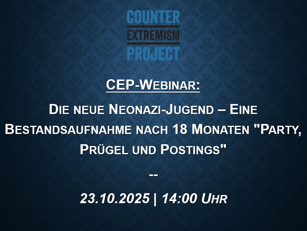 🔽CEP-WEBINAR am 23.10.2025:
"Die neue Neonazi-Jugend – Eine Bestandsaufnahme nach 18 Monaten "Party, Prügel und Postings""

Mit Vorträgen von <a href="/glr_berlin/">julius geiler</a> und <a href="/alexRitzmann/">Alexander Ritzmann</a>. Moderiert von <a href="/CEPschindler/">Dr. Hans Jakob Schindler</a>.

🔽Alle Infos &amp; RSVP:
us02web.zoom.us/webinar/regist…