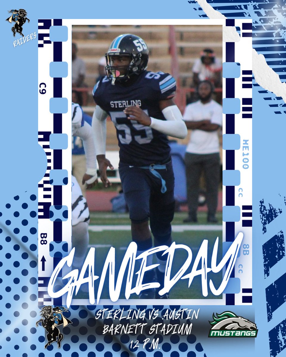 🏈Sterling Raiders vs Austin Mustangs 
🗓️ Oct.4th
⏰ 12:00 PM
📍 Barnett Stadium