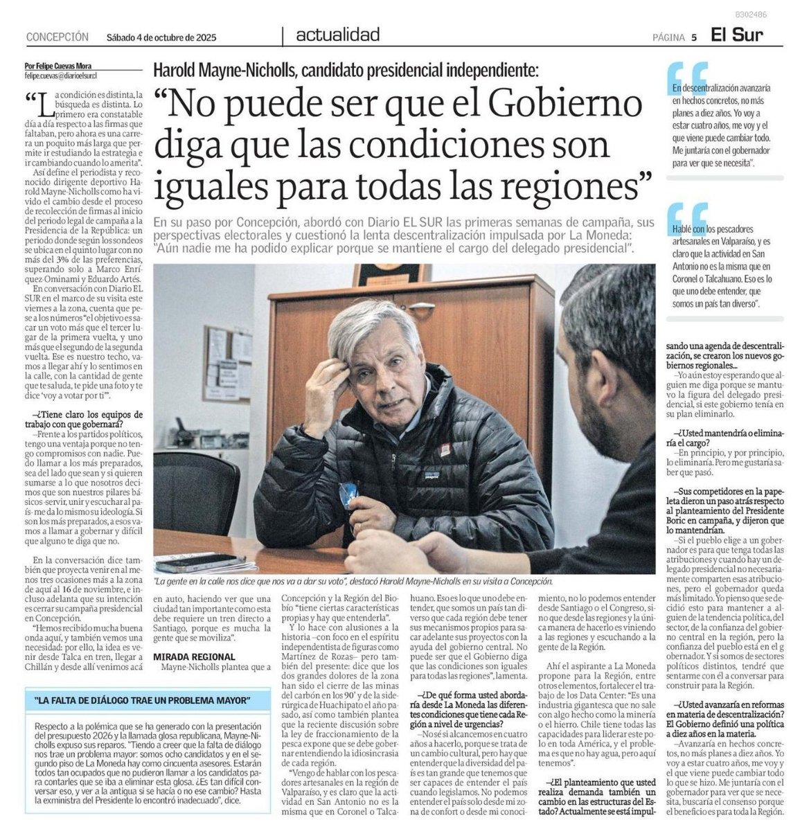 En <a href="/elsurcl/">Diario El Sur</a> conversé con Harold Mayne-Nicolls en su visita a Concepción. El candidato presidencial ind. abordó el estado de su campaña, las propuestas en industria y descentralización, además de la discusión por el presupuesto: "La falta de diálogo trae problemas mayores" 🗞️✅