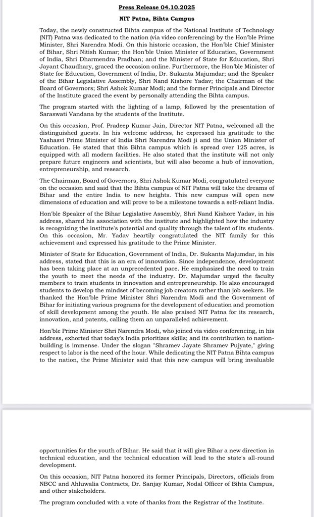 NITPatna1's tweet photo. Dedication to the Nation of #NITP Bihta campus by Hon’ble PM Shri Narendra Modi Ji on 4th October 2025.
@PMOIndia @EduMinOfIndia @AICTE_INDIA https://t.co/Ua6MCGhk8D