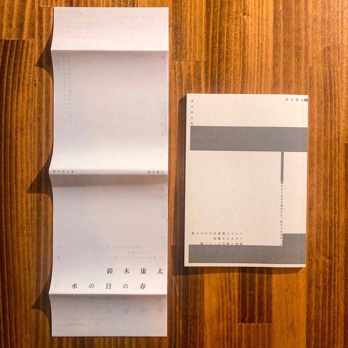 鈴木康太さんの詩集『水の目の春』のデザイン（と編集）を担当しました。前作『霊園東通り南』（七月堂、2022年）の形式的実験をさらに展開する第2詩集。ご興味のある方は、近く鈴木さんからネット販売のアナウンスがありますので、そちらからご購入下さい。カヴァーは批評紙『──の〈余白〉に』2号！