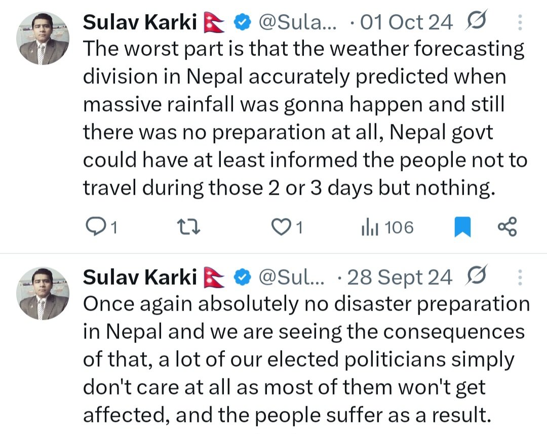 These are my tweets from last year when Nepal govt did absolutely zero preparation regarding excessive rainfall and floods resulting in hundreds of deaths and destruction. There's still 2 days left of excessive rainfall but the current govt has already done far more.