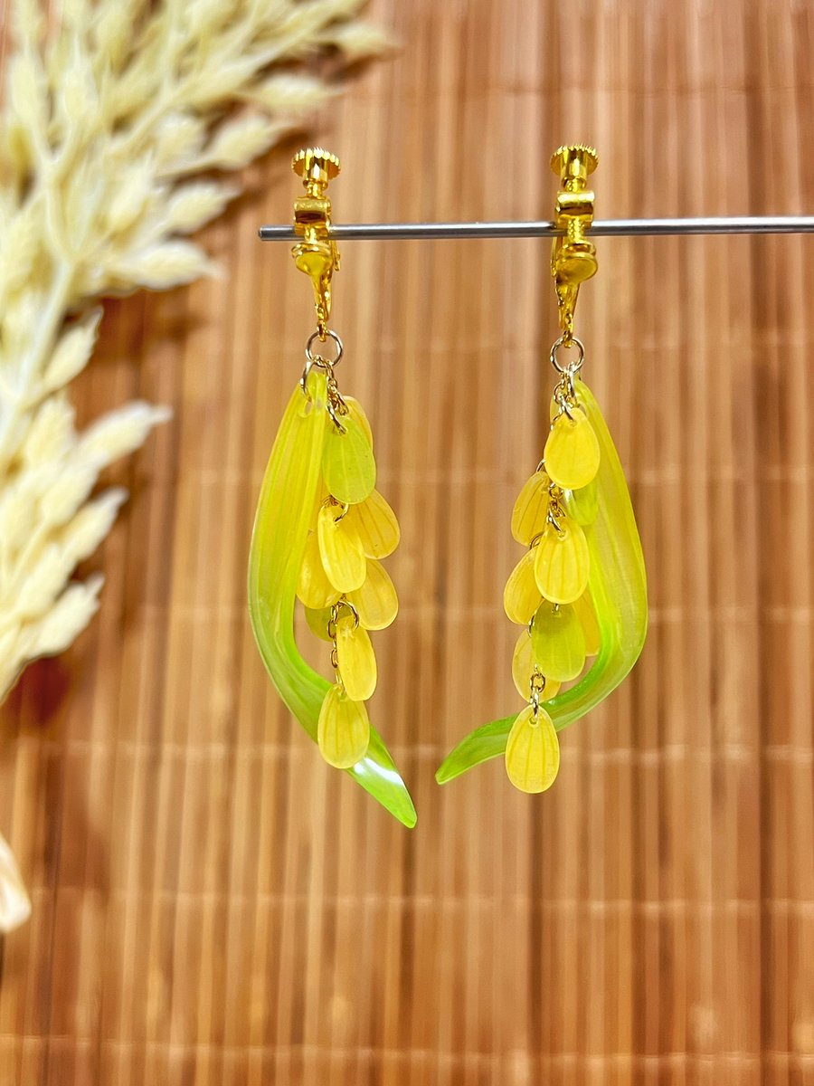 稲穂のイヤリングの写真を新しく撮りました！！📸

いい感じかな？( ˙꒳​˙  )

  #プラバン