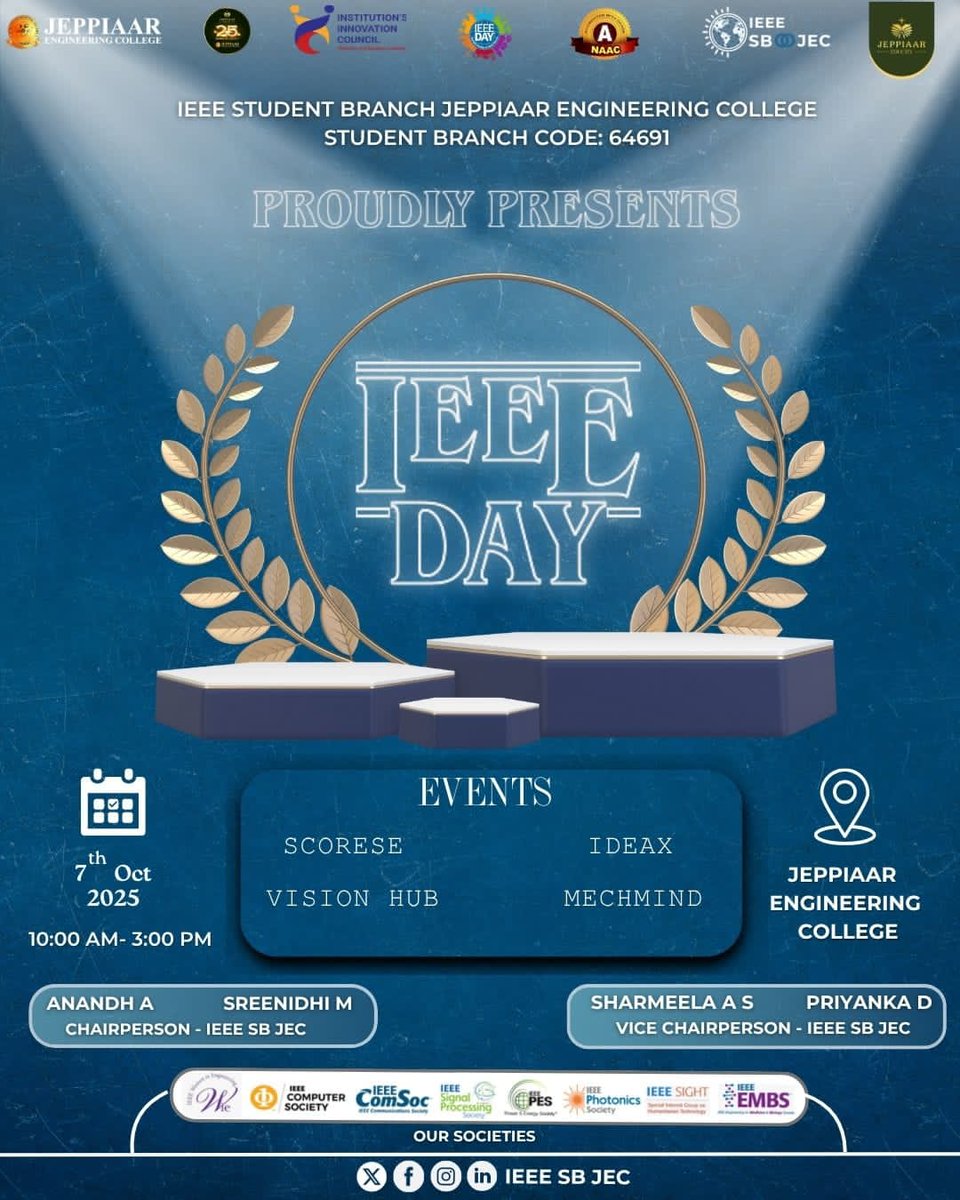 ieeesbjec's tweet photo. Join Jeppiaar Engineering College's IEEE Student Branch for IEEE Day on October 7th. We've got SCORESE, IDEAX, VISION HUB, and MECHMIND. It's going to be a day full of tech and fun. See you there!
#IEEE #JeppiaarEngineeringCollege #IEEEStudentBranch #IEEEday #TechEvent
#chennai https://t.co/rcJu4wpsB6