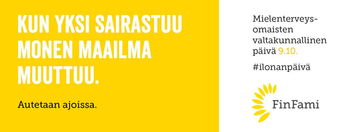 FinFami_omaiset's tweet photo. Valtakunnallista mielenterveysomaisten päivää eli Ilonan päivää vietetään jälleen tulevana torstaina 9.10. 💛
Hyvä mieli rakennetaan yhdessä. Seuraa viikon ja Ilonan päivän tapahtumia somessa tunnisteella #ilonanpäivä ja jaa tietoa eteenpäin. 💛
#mielenterveysomaiset #finfami https://t.co/uB5FnEC9uO