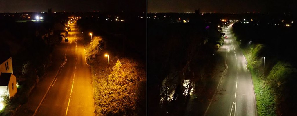 Comparison of sodium and LED streetlights symbolizing societal tech shifts