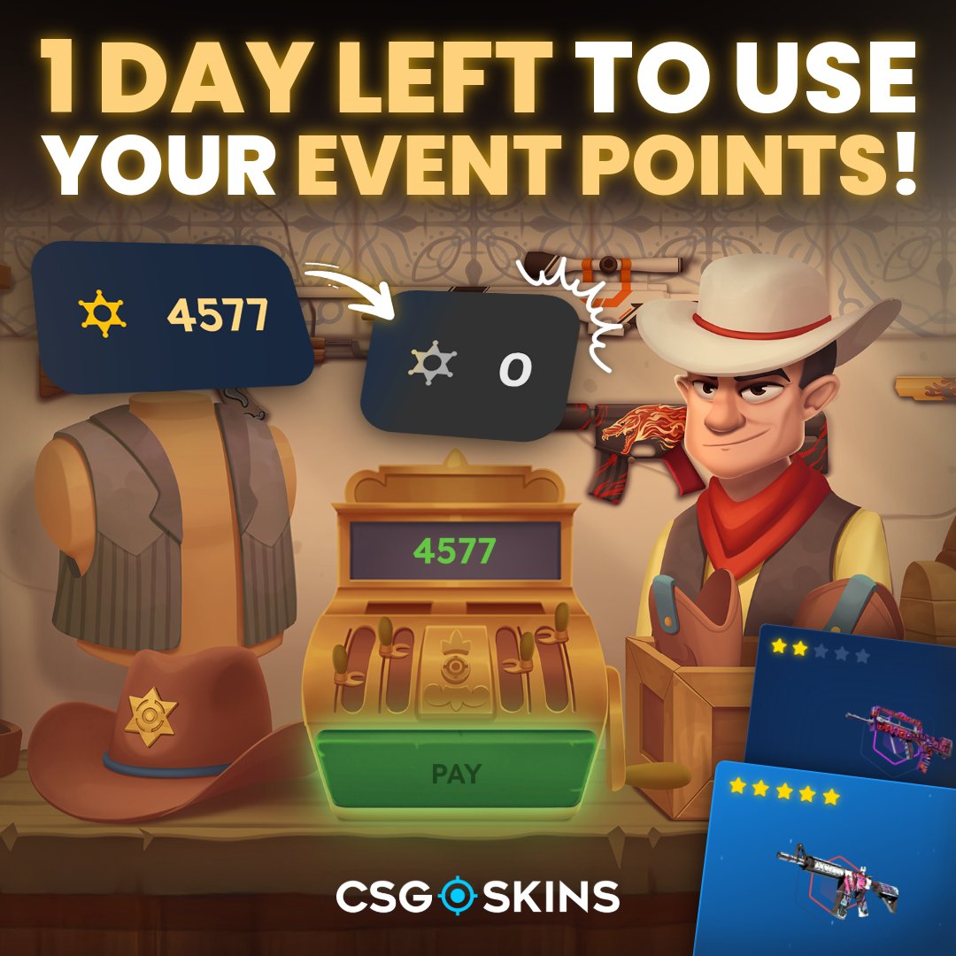 CSGOSKINS_COM's tweet image. 🤠 Last chance, partner! High Noon is almost over – and so are your event points.
Make sure to spend them today and grab the limited cases before they’re gone for good! ⏳

So tell us: what was your favorite part of this event? 🤔👇

#CS2 #CSGO #freeskins #csgoskins #csgocases…