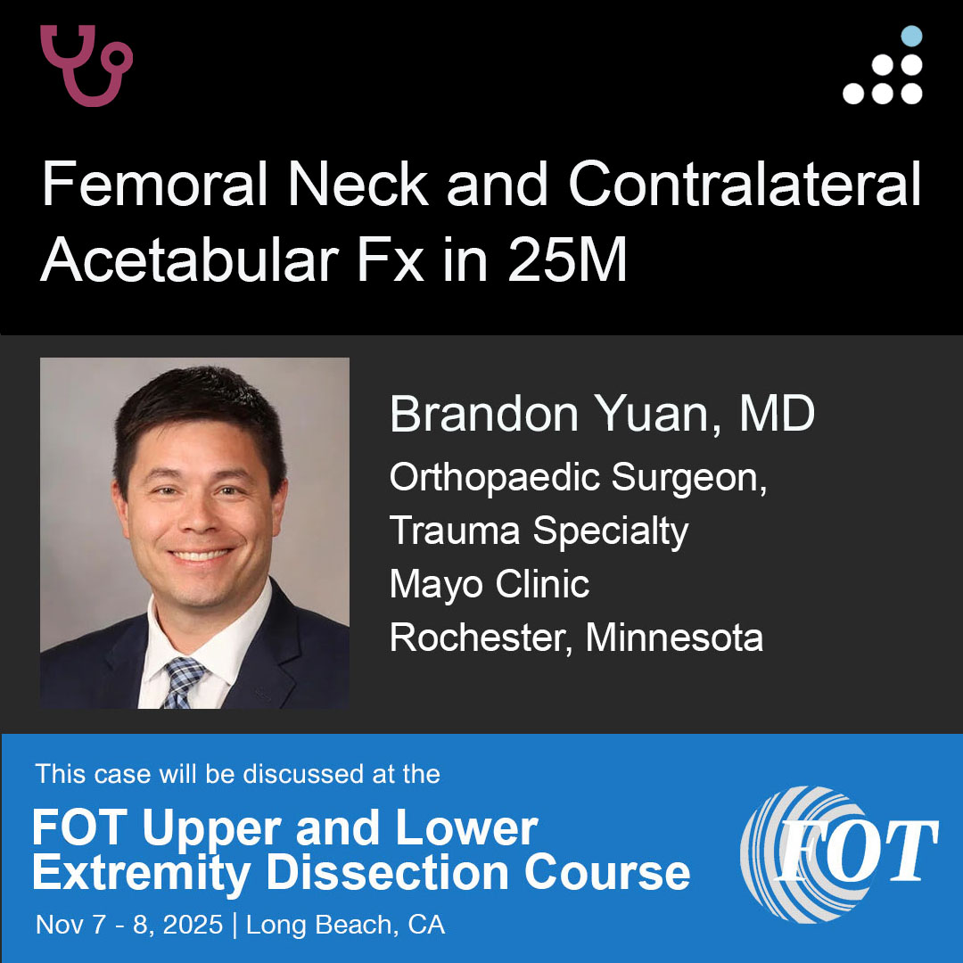 Orthobullets (@orthobullets) on Twitter photo Here is a new case by Dr. Brandon Yuan <a href="/BrandonYuanMD/">Brandon Yuan MD</a> and <a href="/MayoClinic/">Mayo Clinic</a>.
FEMORAL NECK AND CONTRALATERAL ACETABULAR FX IN 25M
This case will be discussed at the <a href="/FOTNorthAmerica/">Foundation for Orthopedic Trauma</a> Upper and Lower Extremity Dissection Course in Long Beach, CA, November 7-8th, 2025.
How would you Here is a new case by Dr. Brandon Yuan <a href="/BrandonYuanMD/">Brandon Yuan MD</a> and <a href="/MayoClinic/">Mayo Clinic</a>.
FEMORAL NECK AND CONTRALATERAL ACETABULAR FX IN 25M
This case will be discussed at the <a href="/FOTNorthAmerica/">Foundation for Orthopedic Trauma</a> Upper and Lower Extremity Dissection Course in Long Beach, CA, November 7-8th, 2025.
How would you