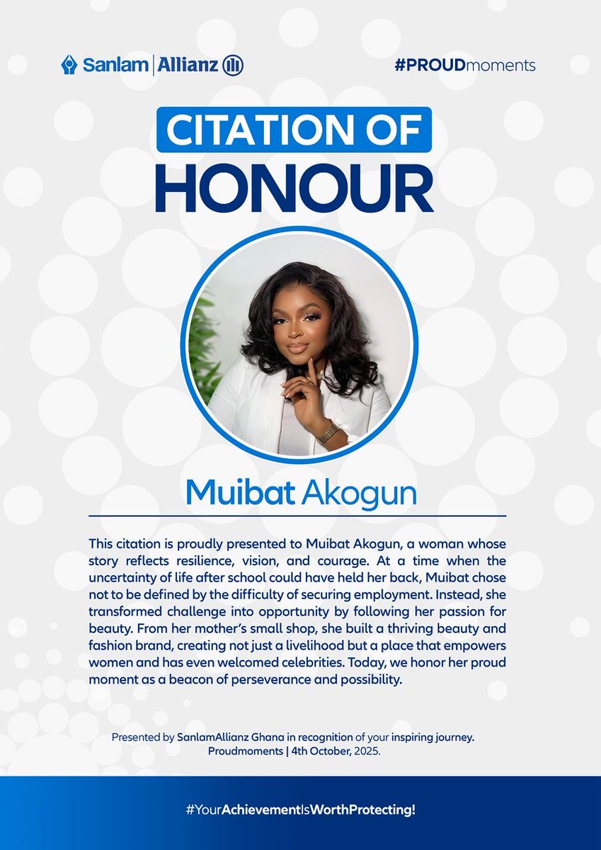 _denzel87's tweet image. From her mum’s shop to a thriving beauty &amp;amp; fashion brand, Muibat Akogun turned challenges into opportunity. #PROUDmoments Follow @sanlamallianzghana for more.